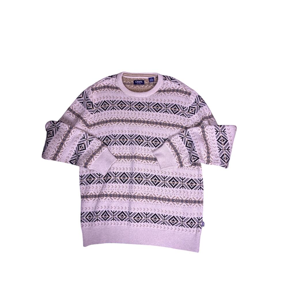 Vintage 90s Chaps Aztec Sweater Mens Large Tan Beige Heavy Cotton Knit